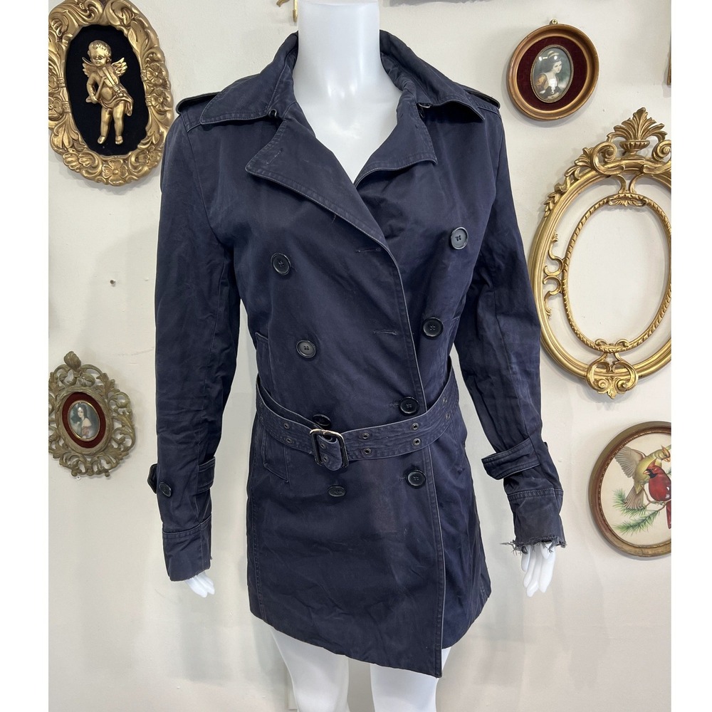 Sandro Navy Double-Breasted Trench Coat Long Sleeve Pockets Size S